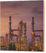 Oil Refinery At Twilight Sky #4 Wood Print