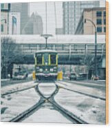 Streetcar Waiting For Passengers In Snowstrom In Uptown Charlott #4 Wood Print