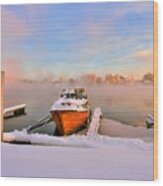 Boat On Frozen Lake Wood Print