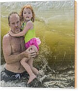 A Father, A Daughter, And A Big Wave Wood Print