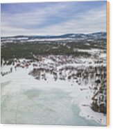 Aerial Of Frozen Lake Inari Finland Wood Print