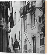 Alfama Life Lisbon Portugal Bw Wood Print