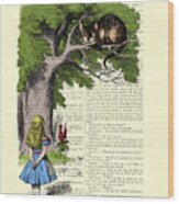 Alice In Wonderland And Cheshire Cat Wood Print