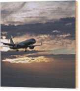 American Aircraft Landing At The Twilight. Miami. Fl. Usa Wood Print
