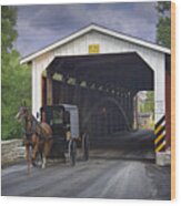 Amish Buggy With Covered Bridge Wood Print