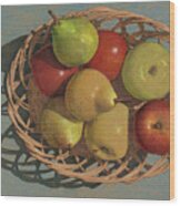 Apples And Pears In A Wicker Basket Wood Print