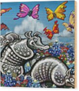 Armadillos Bluebonnets And Butterflies Wood Print