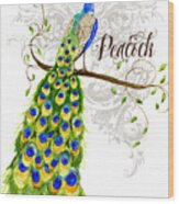 Art Nouveau Peacock W Swirl Tree Branch And Scrolls Wood Print