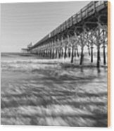 Atlantic Ocean Surf And Cherry Grove Pier In Black And White Wood Print