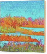 Autumn Grassy Meadow With Floating Lakes Wood Print