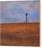 Autumn Prairie Windmill Wood Print