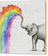 Baby Elephant Spraying Rainbow Wood Print
