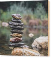 Balancing Zen Stones In Countryside River I Wood Print