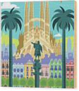Barcelona Poster - Retro Travel Wood Print