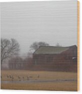 Barn In Fog - Color Wood Print