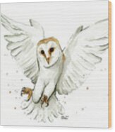 Barn Owl Flying Watercolor Wood Print