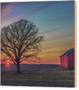 Barnset - Wisconsin Rural Sunset With Oak And Barn Wood Print