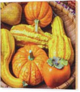 Basket Of Autumn Gourds And Fruits Wood Print