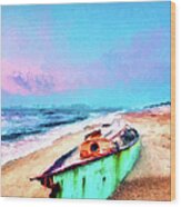 Beached Boat And Moon On Outer Banks Ap Wood Print