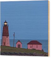 Beacon In The Night Judith Point Lighthouse Narragansett Rhode Island Ri Blue Hour Wood Print