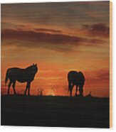 Beautiful Horses And Sunrise, Silhouetted Southwestern Colors Wood Print