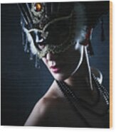 Beauty Model Wearing Venetian Masquerade Carnival Mask Wood Print