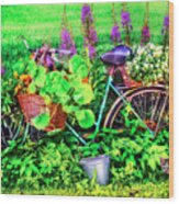 Bicycle In The Flower Garden Wood Print