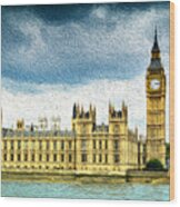 Big Ben And Houses Of Parliament With Thames River Wood Print