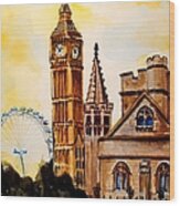 Big Ben And London Eye - Art By Dora Hathazi Mendes Wood Print