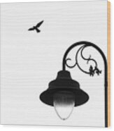Bird And Street Lamp In Black And White Wood Print