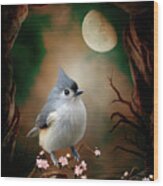 Bird - Titmouse In The Moonlight Wood Print