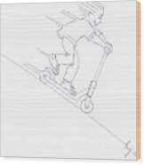 Black And White Micro Scooter Downhill Drawing Wood Print
