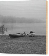 Black And White Photograph Of A Foggy Day On The Lake With Two Canoes By The Water At Table Rock Wood Print