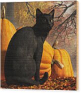 Black Cat At Halloween Wood Print