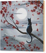 Black Cat In Silvery Moonlight Wood Print