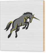 Black Unicorn Horse Charging Isolated Retro Wood Print