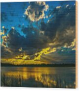 Blue And Gold Sunset With Rays Wood Print