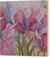 Blue And Pink Tulips Wood Print