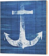 Blue And White Anchor- Art By Linda Woods Wood Print