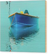 Blue Boat Reflections Wood Print