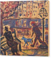 Blue Dog In The City Wood Print