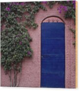 Blue Door And Bougainvilleas Wood Print