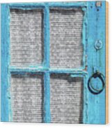 Blue Door Window With White Lace Wood Print