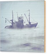 Boat In The Foggy Sea Wood Print