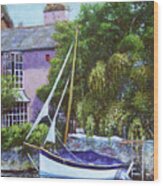 Boat With Pink House On River Wood Print