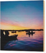 Boats Sunrise Above Lake Water Summer Time Latvia Ezera Skanas Wood Print