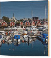Boats With Reflections In Reine Port Wood Print