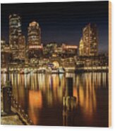 Boston Fan Pier Park And Skyline At Night Wood Print