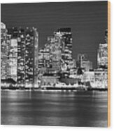 Boston Skyline At Night Panorama Black And White Wood Print