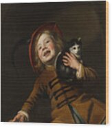 Boy With A Cat Wood Print